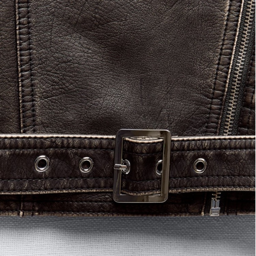 ZARA FAUX DISTRESSED LEATHER JACKET Charcoal - Picture 3 of 12